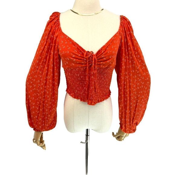 Urban Outfitters Womens Orange Top Smocked Crop Floral  Puff Sleeve Large - Picture 2 of 12